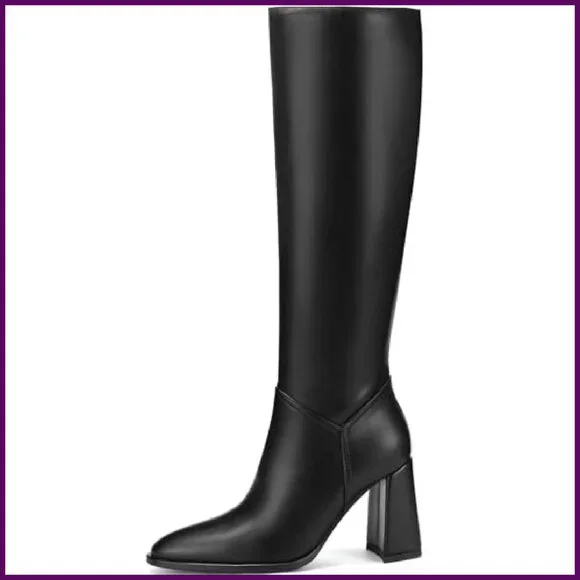Knee High Boots Chunky Heel Pointed Toe Side Zipper Tall Boots